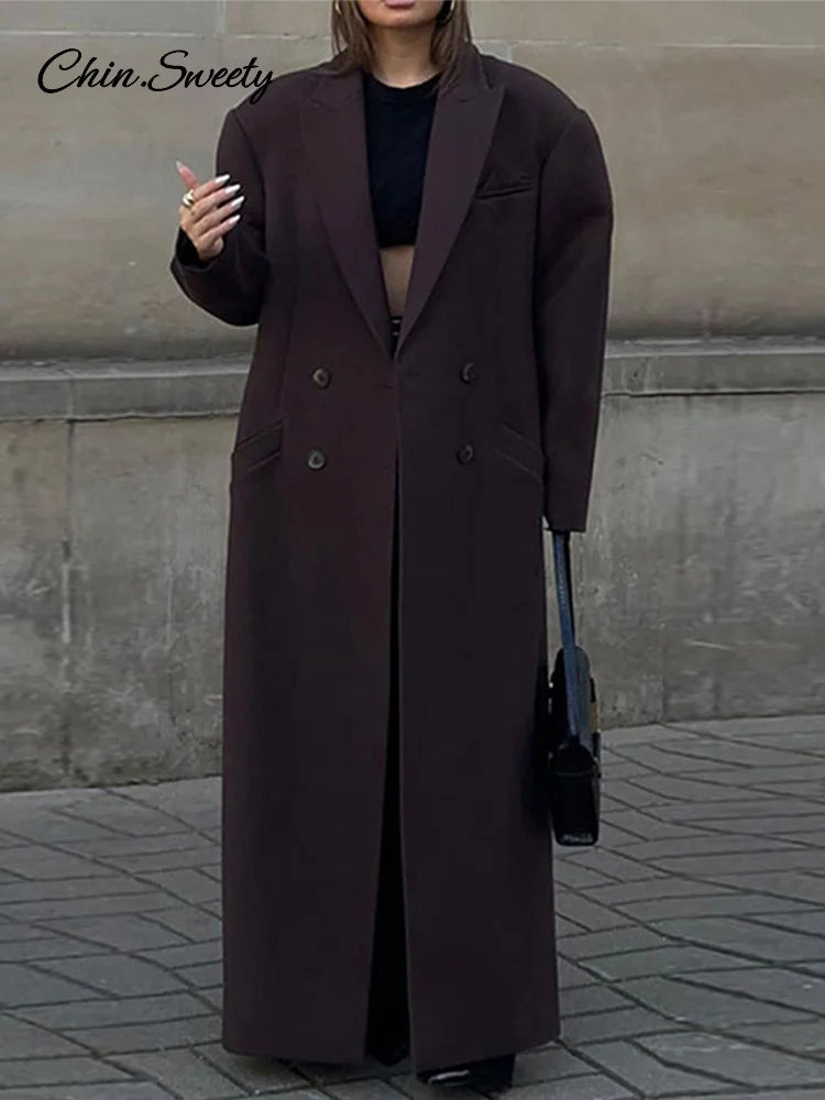 Elegant Lapel Pocket Woolen Long Trench Coat Women Fashion Full Sleeve Loose Overcoat  Autumn Winter Lady Commute Outwear