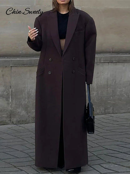 Elegant Lapel Pocket Woolen Long Trench Coat Women Fashion Full Sleeve Loose Overcoat  Autumn Winter Lady Commute Outwear