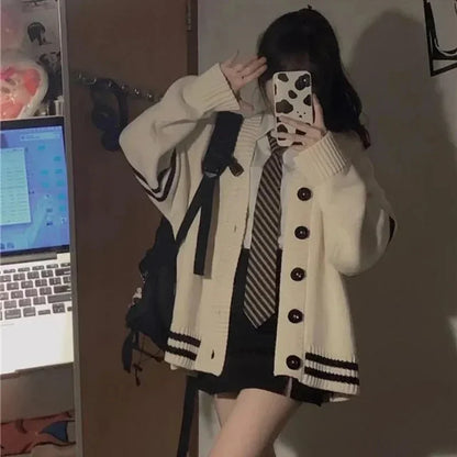 Loose Cardigan Women Long Sleeve V-neck Knitted Black Slouchy All-match Female Autumn Winter Coats Korean Style Chic Baggy Tops