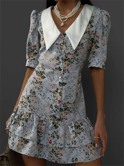 Printed Ruffled V-Neck Mini Dress Female Short Sleeve Fashion Slim High Waist Elegant Party Dress Women’s Summer Dress New