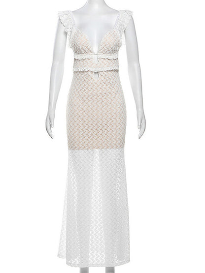 Elegant Sleeveless Lace Up Hollow Out Bodycon Women Dress  Fall New V-neck Backless Party Evening Dress Slim Vestido