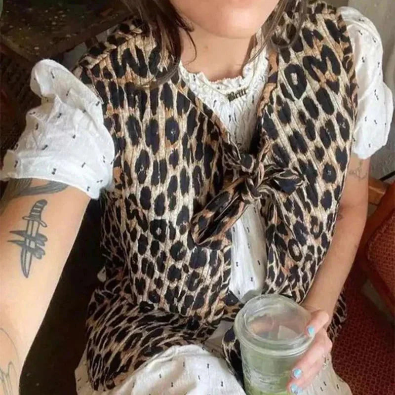 Leopard Waistcoat y2k Clothes Round Neck Sleeveless Tie Up Cardigan Tops 2000s Aesthetic Clothing Streetwear