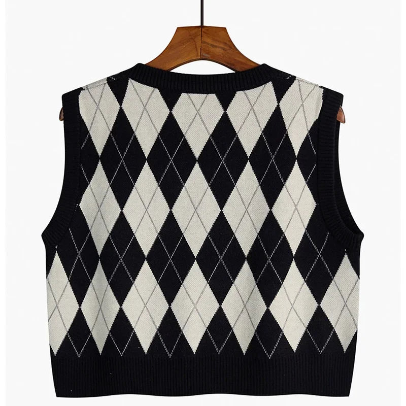 Vintage V-neck Plaid Sweater Vest Women Autumn Winter Vintage Knit Sweaters Pullover Loose Korean Knitwear Tops Pull Femme