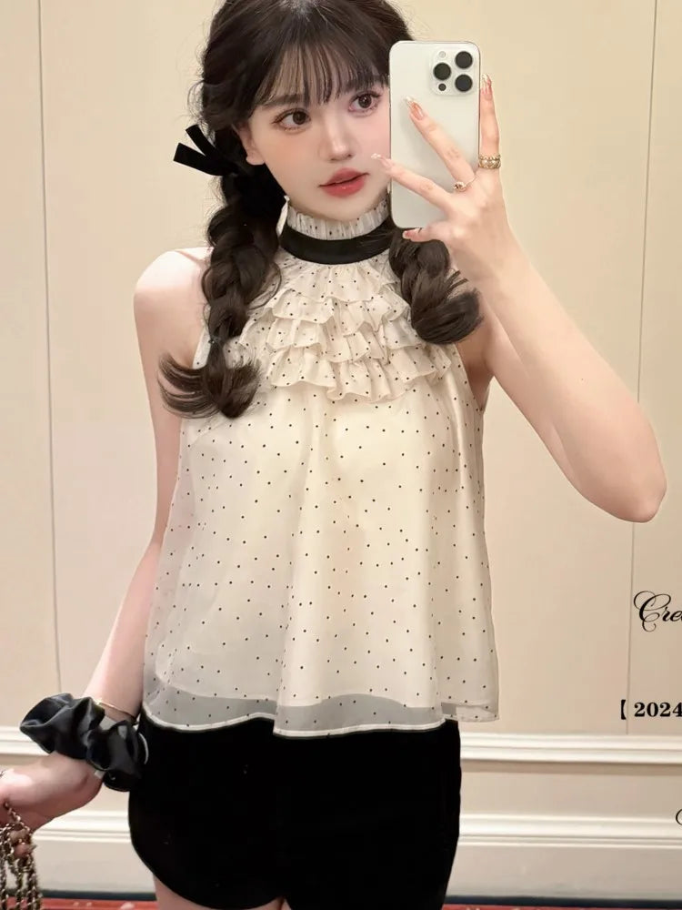Y2K Polka Dot Two-piece Set Women Chiffon Halter Sleeveless Top Ruffles A-line Cake Mini Skirt Summer New Korean Fashion Outfits