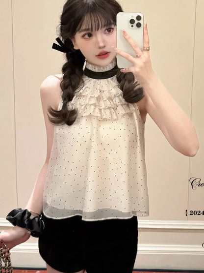 Y2K Polka Dot Two-piece Set Women Chiffon Halter Sleeveless Top Ruffles A-line Cake Mini Skirt Summer New Korean Fashion Outfits