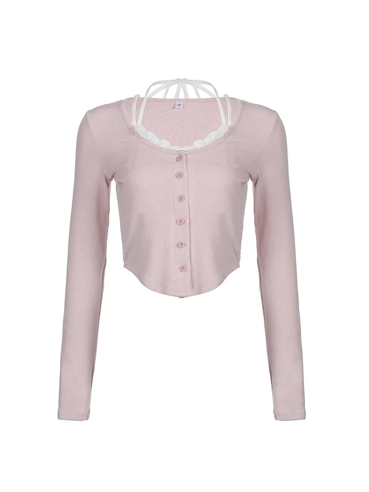Sweet Y2K Pink Slim Long Sleeve Cropped Button T-Shirt Women Contrast Lace Patchwork Halter Tie Cute Kawaii Balletcore Clothes