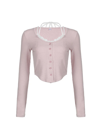 Sweet Y2K Pink Slim Long Sleeve Cropped Button T-Shirt Women Contrast Lace Patchwork Halter Tie Cute Kawaii Balletcore Clothes