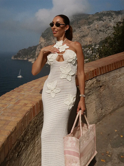 Sexy Knitted 3d Flower Halter Long Dress Women Crochet Hollow Out Sleeveless Blue Maxi Dresses  New Lady Beach Vacation Robe