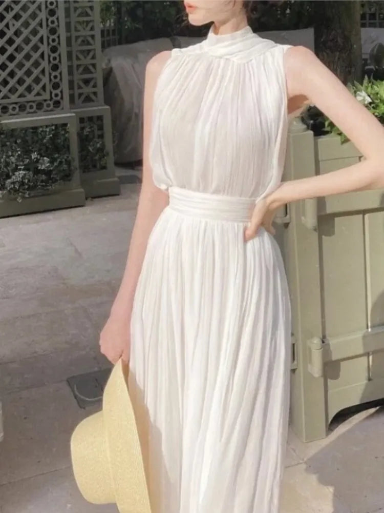Elegant Halter Midi Dresses for Women Sleeveless Holiday Style Summer New Wedding Evening Party Dress Prom Vestidos Mujer