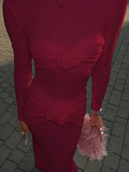 Sexy Slim Ruched Flower Maxi Dress For Women Long Sleeve Solid Party Streetwear Outfits Elegant High Elasticity Dresses