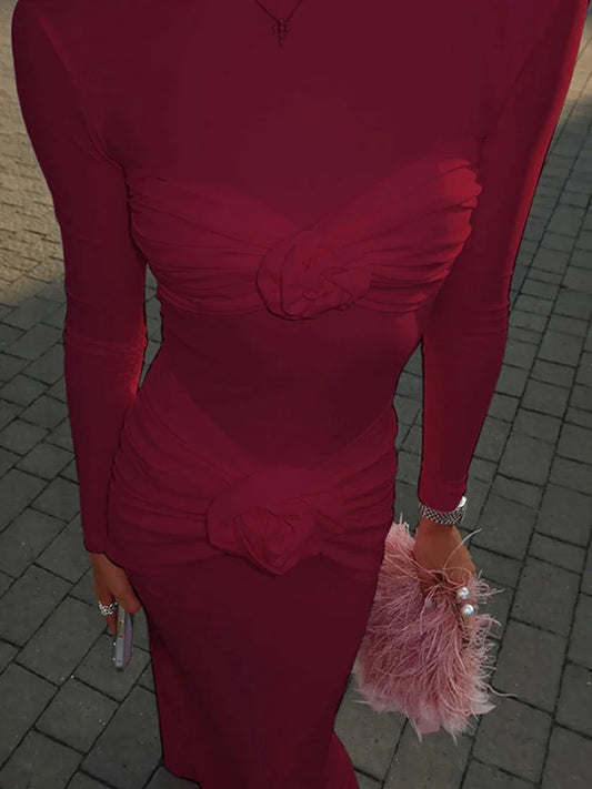 Sexy Slim Ruched Flower Maxi Dress For Women Long Sleeve Solid Party Streetwear Outfits Elegant High Elasticity Dresses