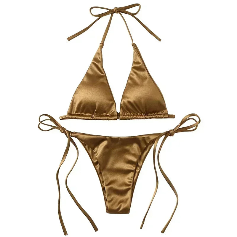 Bikini Satin Silk Swimsuit Women Swimwear Push Up Set Brazilian Bathing Suit Summer Two Pieces Self-tie Beach Wear Swimsuit