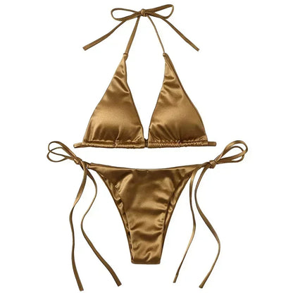 Bikini Satin Silk Swimsuit Women Swimwear Push Up Set Brazilian Bathing Suit Summer Two Pieces Self-tie Beach Wear Swimsuit