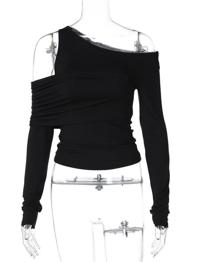 Black Off-Shoulder Long Sleeve T-shirt For Women High Waist Autumn  Slim Fashion Pullover Top Ladies Solid Y2k Tee Top