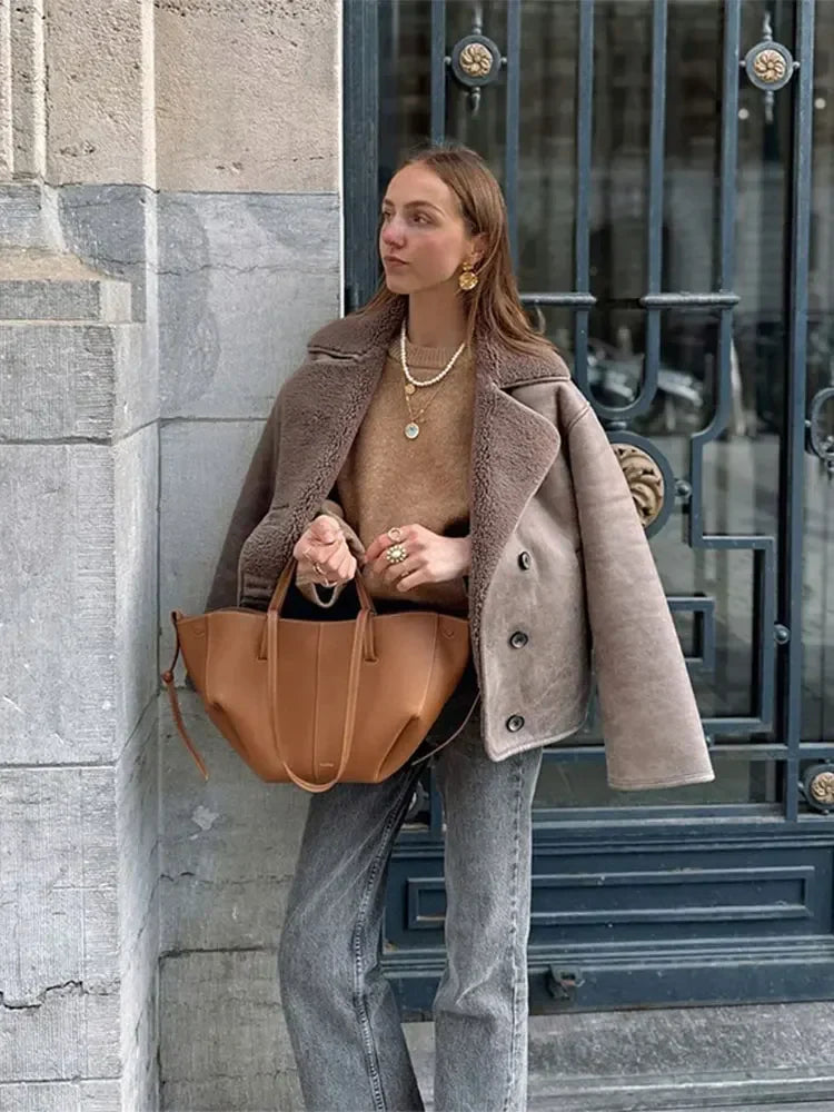 Elegant Lapel Women's Lamb Wool Splicing Suede Jacket Fashion Single Breasted Long Sleeve Thicken Warm Coat Lady Streetwear