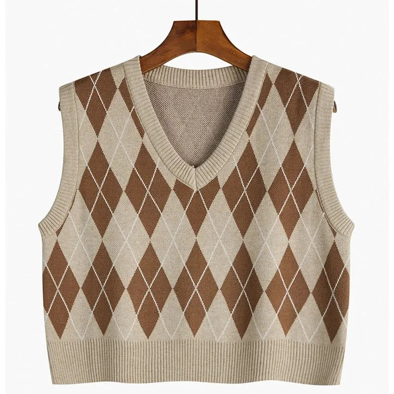 Vintage V-neck Plaid Sweater Vest Women Autumn Winter Vintage Knit Sweaters Pullover Loose Korean Knitwear Tops Pull Femme