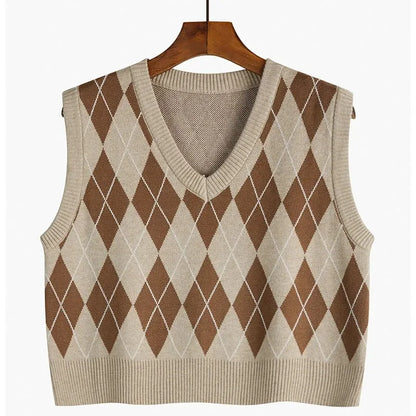 Vintage V-neck Plaid Sweater Vest Women Autumn Winter Vintage Knit Sweaters Pullover Loose Korean Knitwear Tops Pull Femme