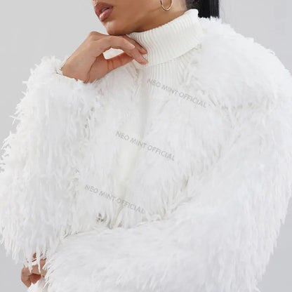 High Street Feathers Eco Fur Coat Women  Winter Lapel Faux Fox Fur Jacket Solid Long Fluffy Fur Overcoat Female