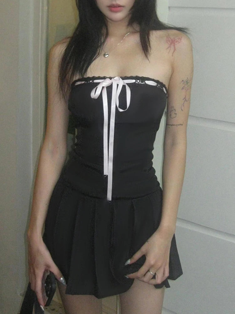 Korean Fashion Contrast Tie Bow Strapless A Line Pleated Dress Women Cute Sweet Kawaii Clothing