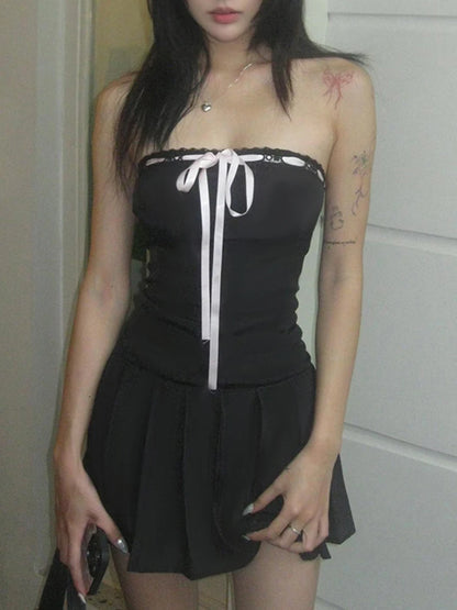 Korean Fashion Contrast Tie Bow Strapless A Line Pleated Dress Women Cute Sweet Kawaii Clothing