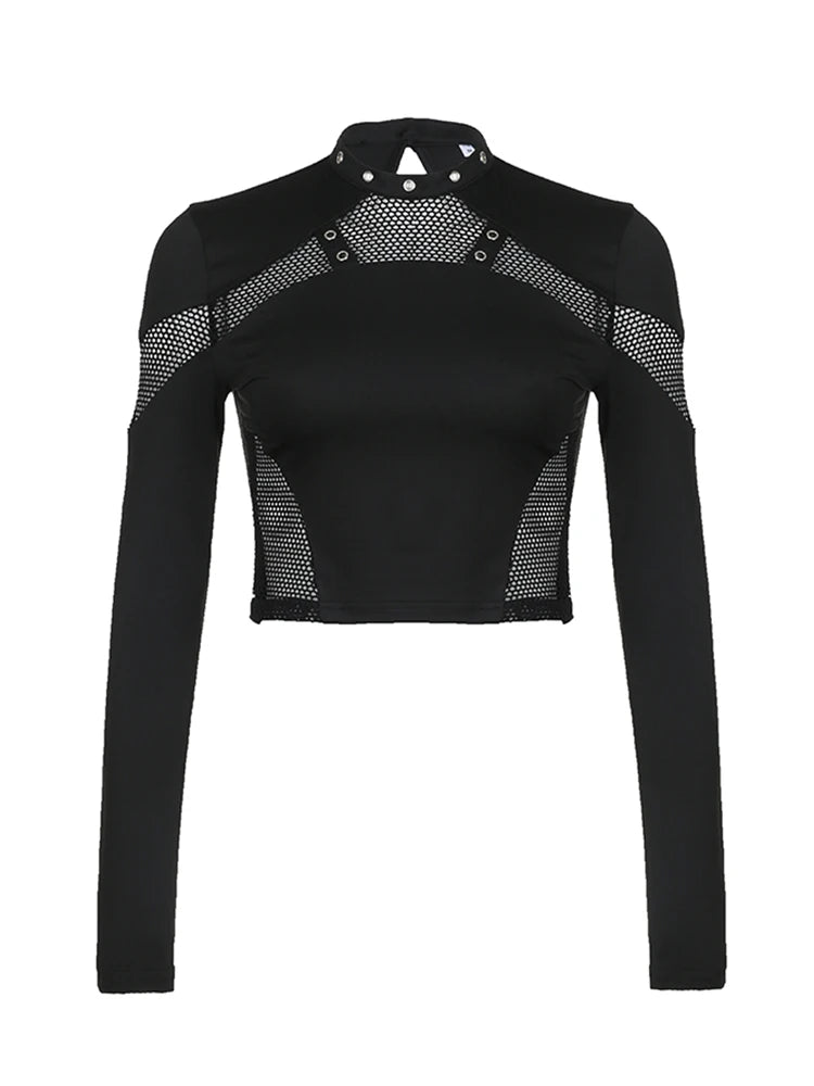 Punk Style Metal Eyelet Black Long Sleve T Shirt Women Dark Academia Mesh Patchwork Chic Tee Halloween Streetwear