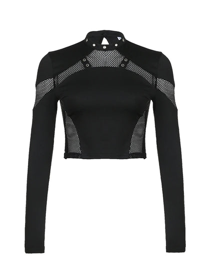 Punk Style Metal Eyelet Black Long Sleve T Shirt Women Dark Academia Mesh Patchwork Chic Tee Halloween Streetwear