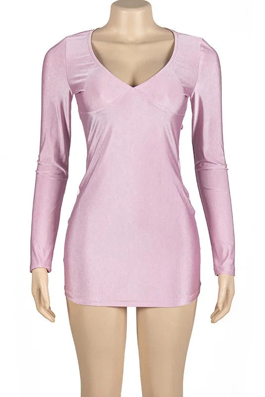 Deep V-Neck Long Sleeve Mini Dress