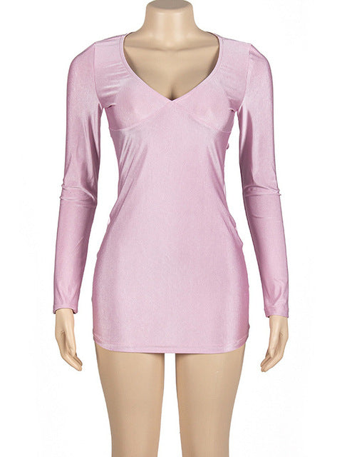 Sexy Deep V Long Sleeved Tight Elastic Short Skirt For Women’s New Pullover Slim Wrap Hip High Waist Dress Party Street