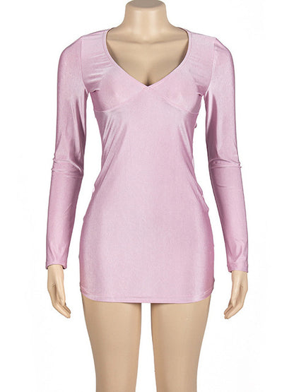 Sexy Deep V Long Sleeved Tight Elastic Short Skirt For Women’s New Pullover Slim Wrap Hip High Waist Dress Party Street