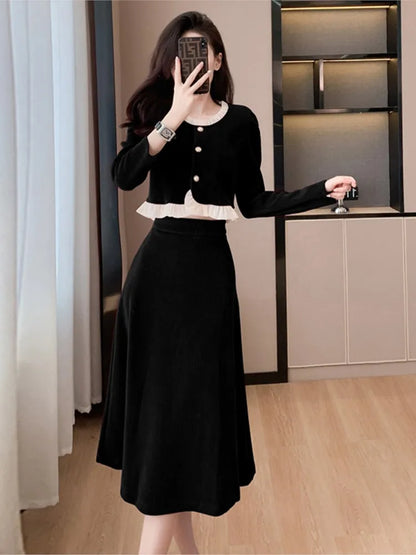 Autumn Winter Corduroy Two-piece Skirt Set Women Long Sleeve Ruffles O-neck Top Solid Midi Skirt Korean Fashion Outfits New