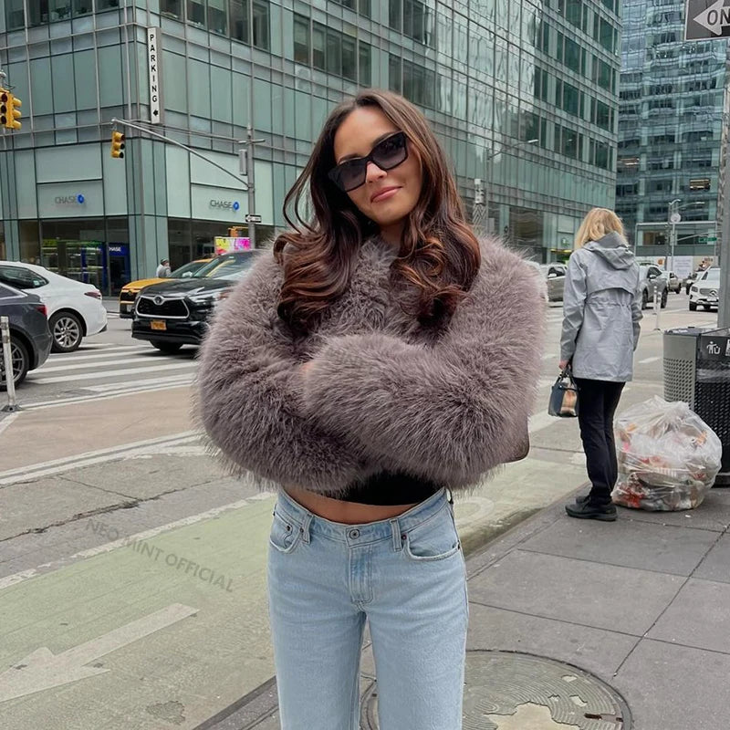 Street Fashion Girls Gray Fluffy Short Faux Fox Fur Jacket Women Winter  Hot Brand Thick Warm Eco Fur Coat Female
