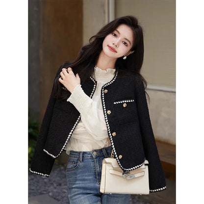 Vintage Cropped Tweed Jacket Women Black Quilted Coat Elegant Blazer Winter Ladies Single Breasted Thicken Outerwear Tops