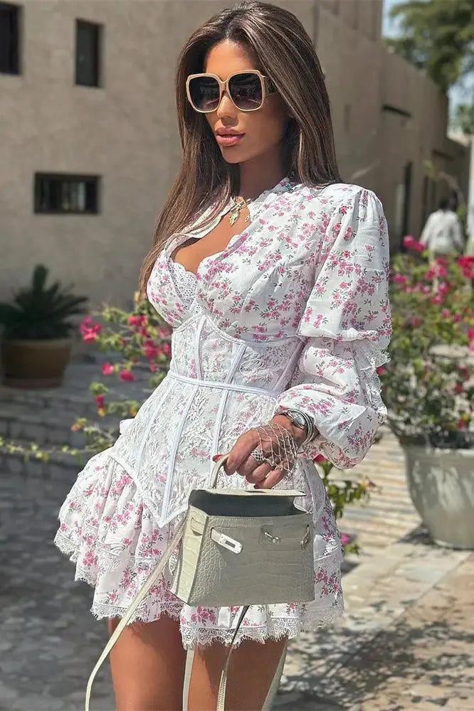 Printed Lace Mini Dress with V-Neck