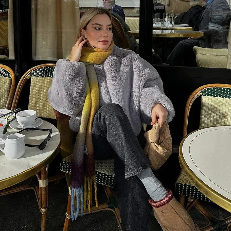 Winter Faux Rabbit Fur Coat Women Chic Fashion Soft Warm Furry Fur Jacket Street Style Girl Outerwear Overcoat