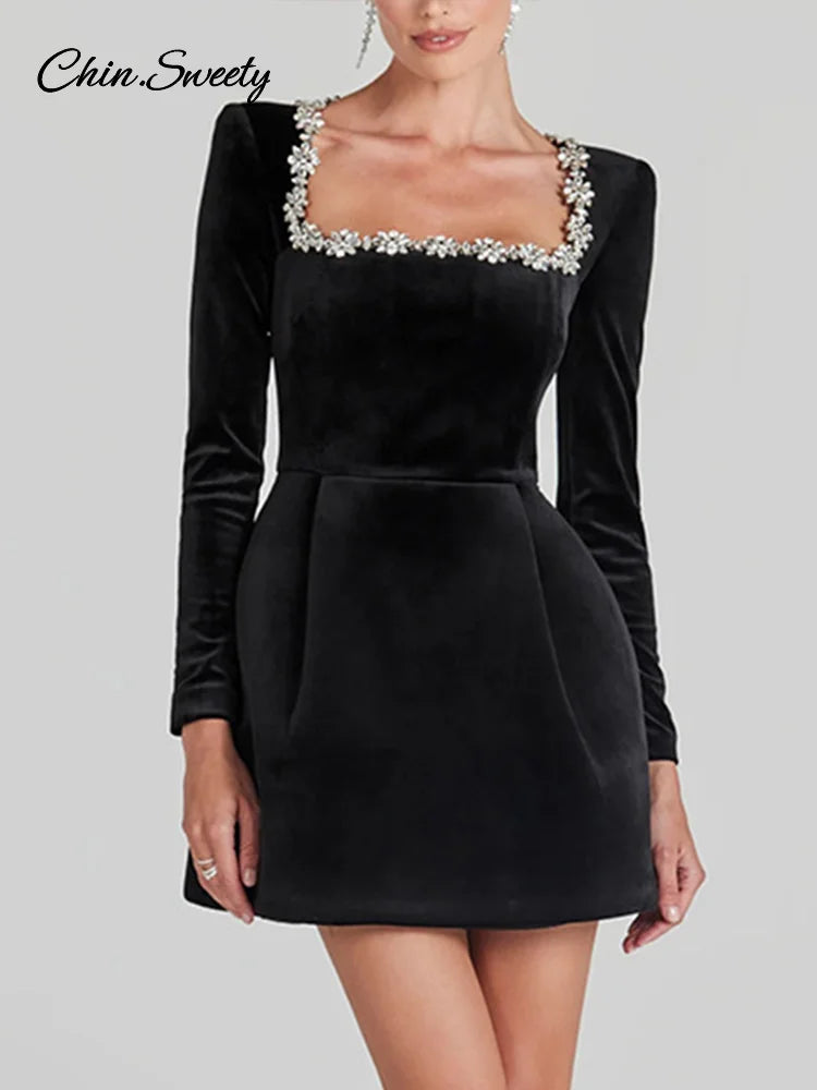 Velvet Square Collar Beading Long Sleeve Dress Women High Waist Slim A-line Party Dresses  Lady Christmas Evening Gowns New