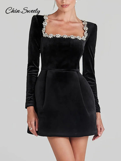 Velvet Square Collar Beading Long Sleeve Dress Women High Waist Slim A-line Party Dresses  Lady Christmas Evening Gowns New