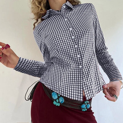 Y2K Women Turn-down Collar T-shirt Button Up Long Sleeve Vintage Slim Tee Fashion Outfits Autumn Casual Top Ladies