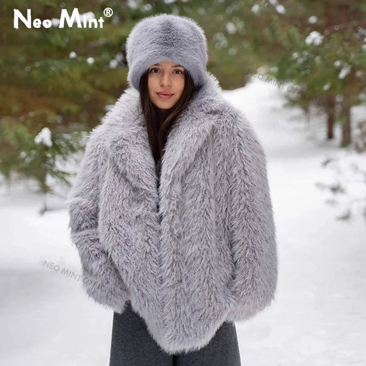 Winter  Exclusive Lapel Collar Long Teddy Jacket Coat Women Chic Brand Fashion Cozy Padded Faux Fur Coats Outerwear