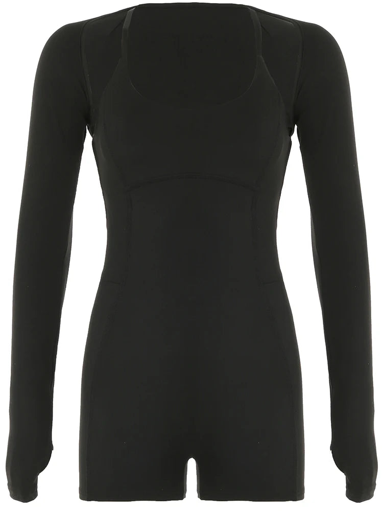 Cross Backless Skinny Sexy 2 Pieces Outdoor Rompers And Long Sleeve Open Stitch Crop Top Womens Fitness Sports Playsuits