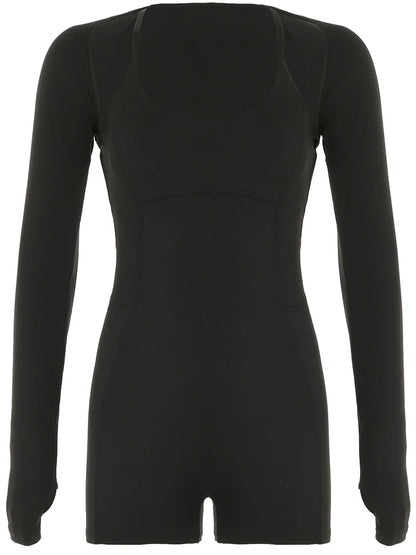 Cross Backless Skinny Sexy 2 Pieces Outdoor Rompers And Long Sleeve Open Stitch Crop Top Womens Fitness Sports Playsuits