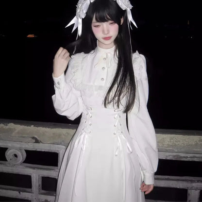 Japanese Style Kawaii Lace-up Midi Dresses Women Princess Party Dress Long Sleeve O-neck High Waist Y2K Gothic Vestidos Mujer