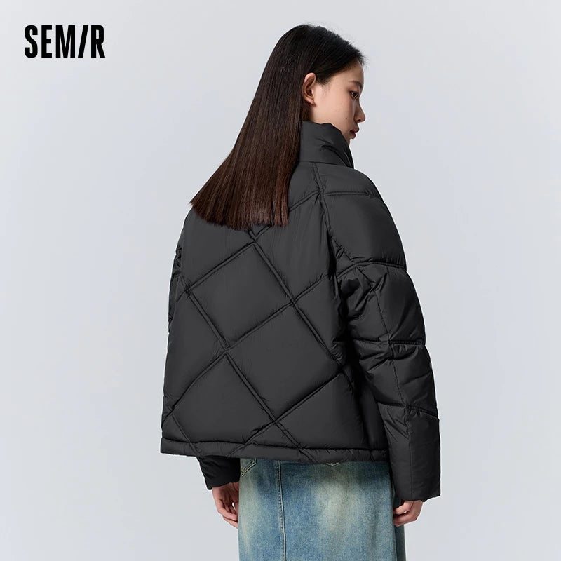 Cotton Clothing Women Loose Stand Collar Simple Casual Temperament Winter Gentle Waterproof Rhombus Versatile Thick Coat