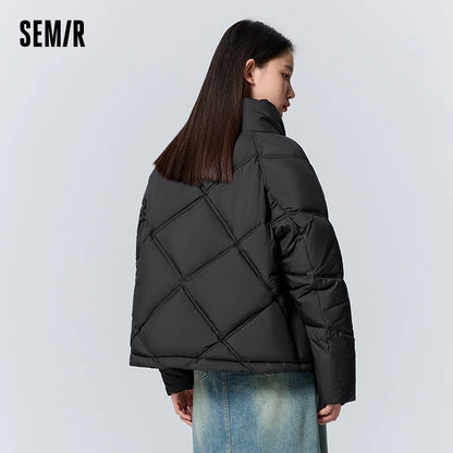 Cotton Clothing Women Loose Stand Collar Simple Casual Temperament Winter Gentle Waterproof Rhombus Versatile Thick Coat