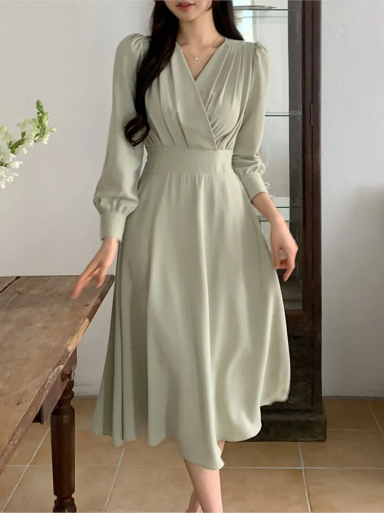 Korean Fashion Autumn Midi Dresses for Women Long Sleeves V-neck A-line Solid Casual Dress Office Lady Clothing  New