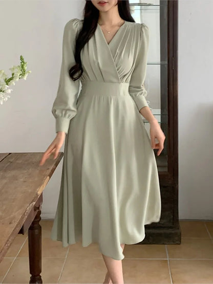 Korean Fashion Autumn Midi Dresses for Women Long Sleeves V-neck A-line Solid Casual Dress Office Lady Clothing  New