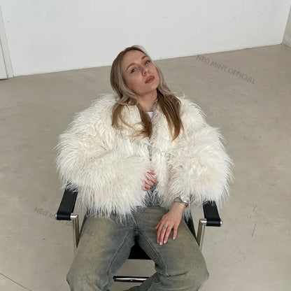 Winter Tassels Faux Fur Coat for Women Stylish Chic Fluffy Fur Jacket Furry Fox Fur Overcoat Girl Shaggy Outerwear