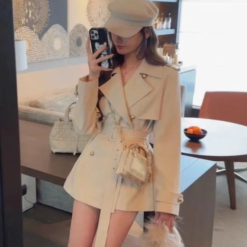 Elegant Lapel Blazer Coats Women Autumn New Double Breasted British Style Jacket with Belt Casual Korean Fashion Outerwear