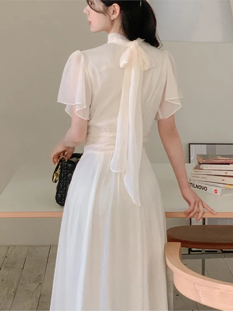 Elegant Solid Midi Dresses for Women Ruffles Half-high Collar A-line Office Lady Casual Korean Fashion Autumn Vestidos Mujer New