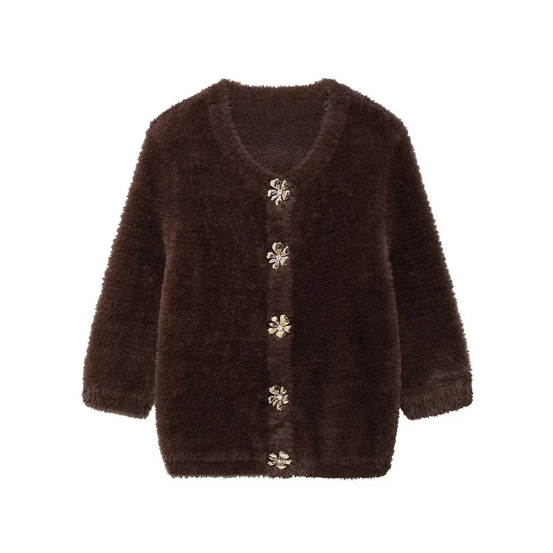 Faux Fur Half Sleeve Cardigans Women Single Breasted O-neck Loose Casual Wine Red Sweater Female Furry Autumn Chic Tops