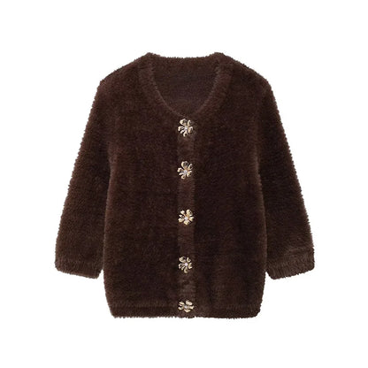Faux Fur Half Sleeve Cardigans Women Single Breasted O-neck Loose Casual Wine Red Sweater Female Furry Autumn Chic Tops